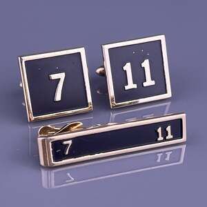 7 11 Angel Numbers Cufflinks Tie Clip Gold Tone Black Spiritual Luck Swank VTG